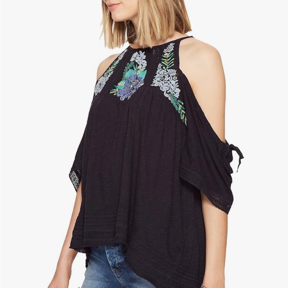 Free People Women’s Fast Times Navy Too with Floral Embroidery and Beading - Picture 1 of 15